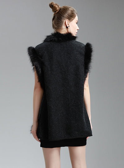 Fur Collar Shawl Cloak Woolen Knitted Sleeveless Loose Coat