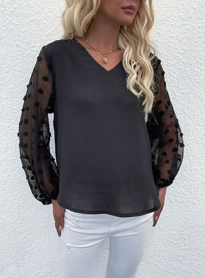 V-neck Long Sleeve Perspective Jacquard Shirt