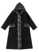 Thickened Long Woolen Stitching Hooded Jacket