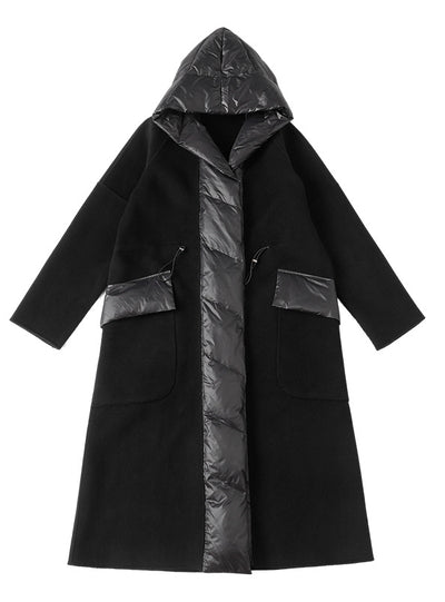 Thickened Long Woolen Stitching Hooded Jacket