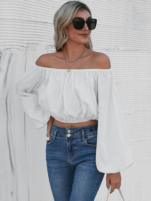 White Lantern Sleeve Solid Color Long Sleeve Shirt