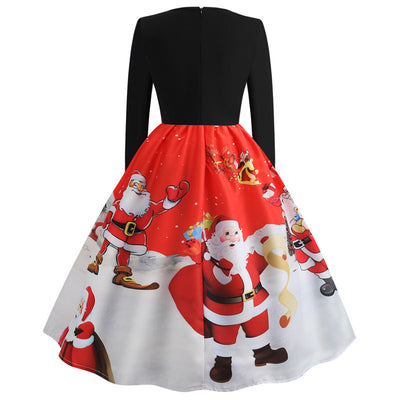 Vintge Christmas Printed Long Sleeve Dress