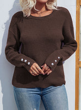 Solid Color Round Neck Button Pullover Sweater