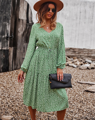 V-neck Sexy Big Swing Long Sleeve Dress