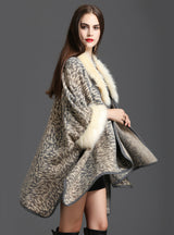 Fox Like Fur Collar Printed Knitted Cardigan Shawl Cape