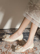 Thick Heel Flat Pearls Wedding Shoes