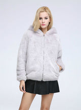 Short Zipper Mink Fur Coat With Cap Imitation Mink Fur