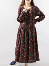 Winter Vintage Print Casual Long Sleeve Floral Dress
