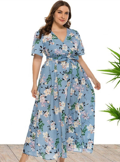 Bohemian Split Print V-neck Short Sleeve Dress