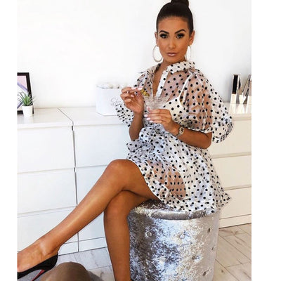 Tulle Lace Dot Print Dress Short Sleeve High Waist Lace-up Beach Dress