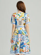 Porcelain Printed Stitching Round Neck Dress
