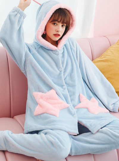 Women Blue Star Long Sleeve Pajamas Suit
