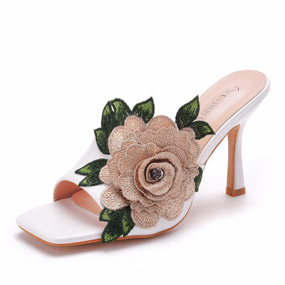Embroidered Square Head High Heel Slippers