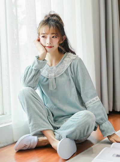 Flannel Pajamas Trousers Solid Lace Sweet Sleepwear
