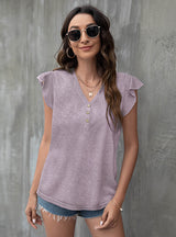 V-neck Loose Button Ruffled Sleeve Top T-shirt