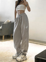 Solid Color Embroidered High Waist Casual Pants