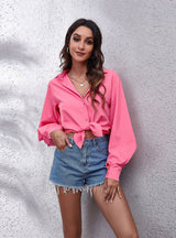 Lantern Solid Color Lapel Long Sleeve Shirt