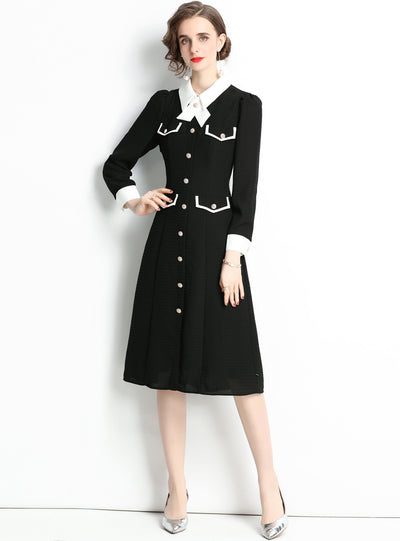 French Lapel Long Sleeve Contrast Retro Dress