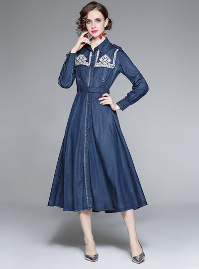 Embroidered Denim Slim Waist Dress