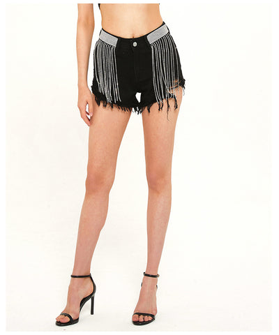 Black High Waist Drill Chain Denim Shorts