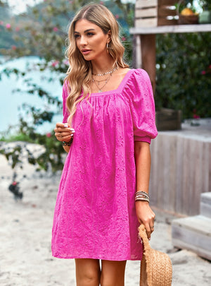 Solid Color Openwork Jacquard Square Collar Dress