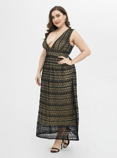 Plus Size Black Lace V Long Dress