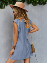 Round Neck Lotus Leaf Sleeve Solid Color Casual Dress