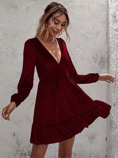 Deep V-neck Puff Sleeve Velvet Ruffled Dress