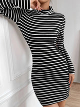 Open-back High-necked Long-sleeved Striped Dress