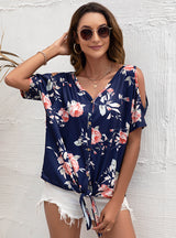 V-neck Casual Leaky Knotted Printed T-shirt