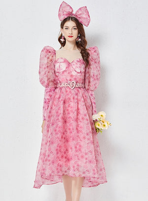 Vintage V-neck Bubble Sleeve Gauze Palace Floral Dress