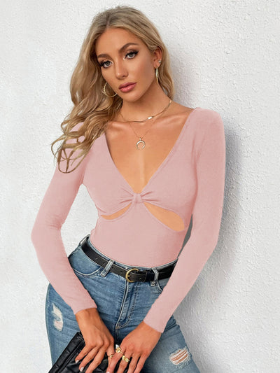 V-neck Hollow Slim Knit Long Sleeve T-shirt