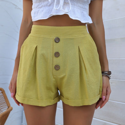 Button-waist Cotton Solid Color Shorts