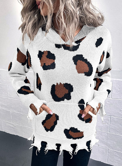 Leopard Print Hooded Holes Sweater