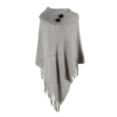 Fringe Button Half Collar Pullover Cape Shawl