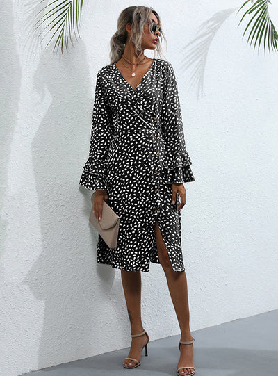 V-neck Black Long Sleeve Polka Dot Dress
