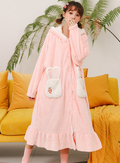 Pink Rabbit Thickened Coral Fleece Long Robe