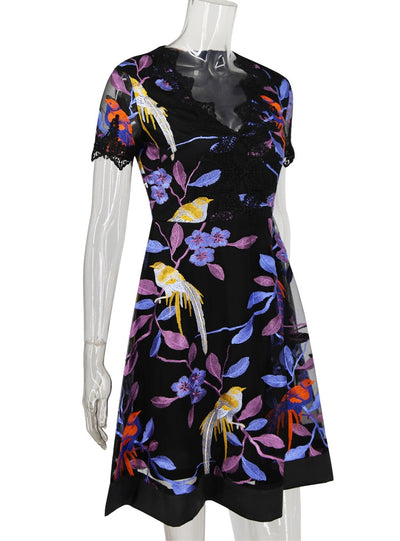 Embroidered Deep V-neck Short Sleeve Dress