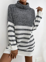 Loose Striped Stitching Contrast Turtle Neck Dress