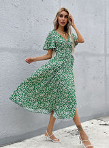 Lotus Leaf V-neck Small Floral Dress