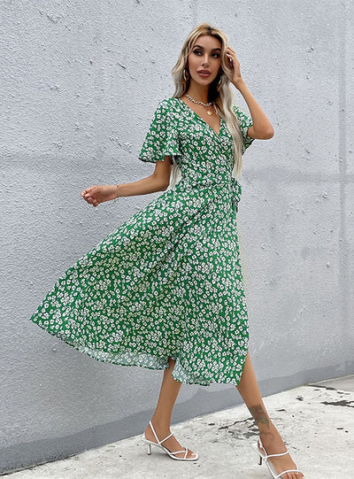 Lotus Leaf V-neck Small Floral Dress