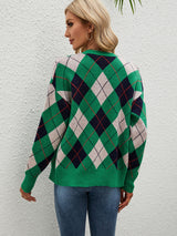 V-Neck Diamond Color Matching Coat Sweater