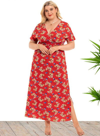 Floral V-neck Short Sleeve Split Dress