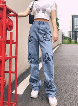 Women Printed Butterfly Jeans Female