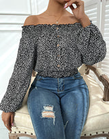 Off the Shoulder Long Sleeve Print Top