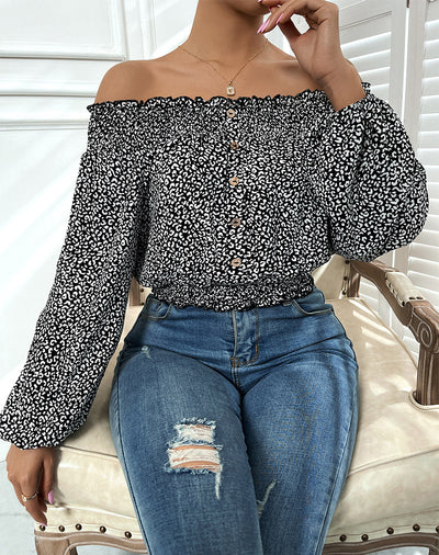 Off the Shoulder Long Sleeve Print Top