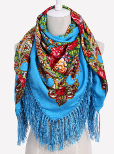 Square Scarf Cotton Long Tassel Print Scarf 