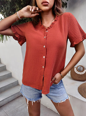 Short Sleeves Wooden Ears Cotton Blouse