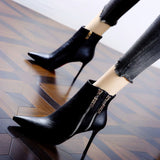 Women's Short Skinny Heel Pointed Leather Boots