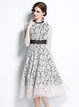 Hollow Round Neck Lace Long Sleeve Dress